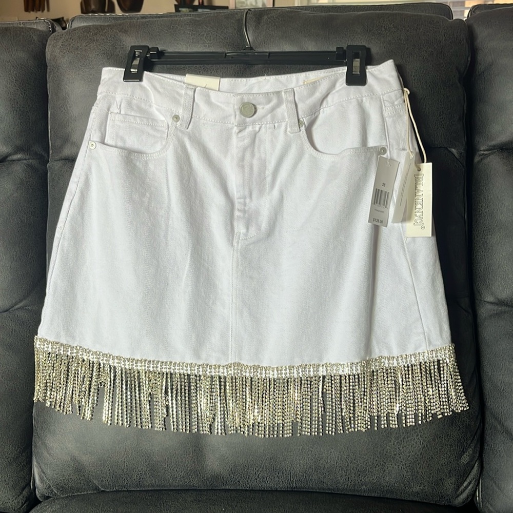 White denim skirt with rhinestone fringe
